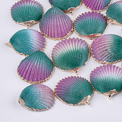 Plum Spray Paint & Electroplate Sea Shell Pendants, with Brass Findings, Golden, Plum, 35~50x31~41x12~17mm, Hole: 1.5mm