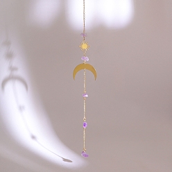 Луна Натуральный аметист чипсы ловец солнца для окон радуга производитель, металлические подвесные украшения, для украшения дома и улицы, луна, 380~400 мм