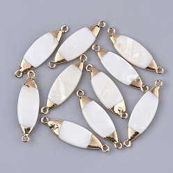 Морская Ракушка Соединители звеньев пресноводной раковины, с обоих концов позолоченные железные петли, лошадиный глаз , цвет морской раковины, 33~39x10x3~4 мм, отверстие : 1.5 мм