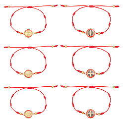 Красный 6шт. набор браслетов из сплава с медалью Святого Бенедикта, регулируемые браслеты из полиэфирного шнура, красные, внутренний диаметр: 2-1/2~3-1/4 дюйм (6.5~8.3 см)