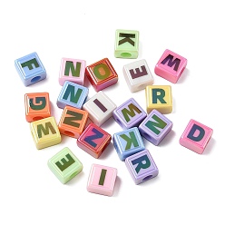 (52) Непрозрачная лаванда Непрозрачные акриловые бусины с УФ-покрытием, радужный, квадрат с буквой, разноцветные, 13x13.5x9 мм, отверстие : 5.5~6 мм