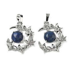 Ляпис-Лазурь Крашеные природные лазурит подвески, латунные подвески в виде птиц и луны, платина, стойки покрытие, 27~28.5x23.5~24.5x6.5~7 мм, отверстие : 7x5 мм
