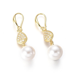 Golden Shell Pearl Dangle Earrings, with Cubic Zirconia teardrop, Beads and Brass Earring Hook, Round, Golden, 40mm, Pin: 1mm