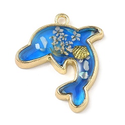 Dolphin Подвески из сплава, эпоксидной смолы и сушеных цветов на тему морской жизни., золотые, Плут синий, дельфин очарование, 30.5x24.5x3.5 мм, отверстие : 2.2 мм