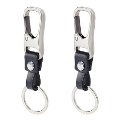 Black 2Bags Rectangle Cowhide Tape Keychains, with Zinc Alloy Keychain Clasp & Screw & Screwdriver, Platinum, Black, 95x15x2mm