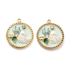 Светло-зеленый 304 нержавеющей стальной эмали подвески, смолой и горный хрусталь, плоские круглые с цветком, ионное покрытие (ip), реальный 18 k позолоченный, светло-зеленый, 22x19.5x5 мм, отверстие : 1.8 мм