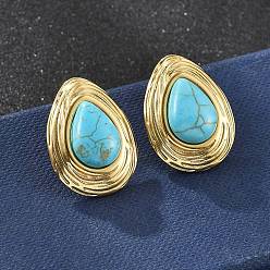 Золотой 201 серьги-гвоздики-капли из нержавеющей стали, с 304 штифтов из нержавеющей стали, с синтетическими бирюзовый, ионное покрытие (ip), золотые, 25x18.5 мм