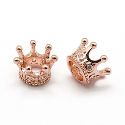 Розовый Позолоченный Латунные микро проложить класса AAA кубического циркония бусы, без кадмия, без никеля и без свинца, корона, бусины с большим отверстием, прозрачные, Настоящее розовое золото покрыто, 7x11.5 мм, отверстие : 5 мм