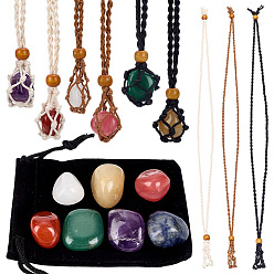 Mixed Color 12Pcs 3 Colors Waxed Polyester Cord Macrame Pouch Pendant Slider Necklace Making, with 14Pcs 7 Styles Mixed Stones Nuggets Pocket Palm Stones, Mixed Color, 30.71 inch(78cm), 4pcs/color