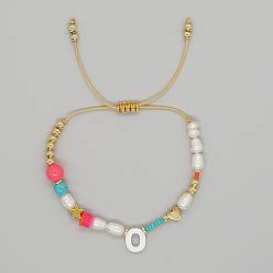 Letter O Initial Letter Natural Pearl Braided Bead Bracelet, Adjustable Bracelet, Letter O, 11 inch(28cm)