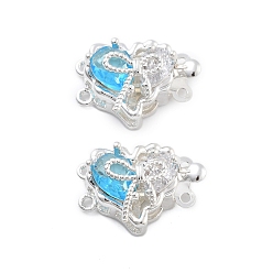 Светло-Синий Застежки для стеклянных коробок из латуни, сердце, 2 нитей, 4-луночное, серебряные, голубой, 12.5x18x9 мм, отверстие : 1~1.2 мм
