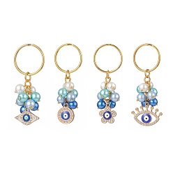 Mixed Color Alloy Enamel Evil Eye Rhinestone Keychain, Baking Paint Pearlized Glass Bead Keychain, with Iron Ring, Mixed Shapes, 6.4~7.3cm