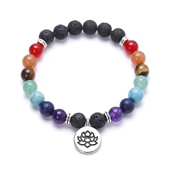 Colorido Pulseras elásticas con cuentas de aleación, dije de flor de loto, chakra y gema redonda, Platino, colorido, 7.28 pulgada (18.5 cm)