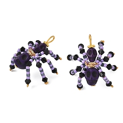 Лиловый Подвески из окрашенной синтетической бирюзы и стеклянных бусин на тему Хэллоуина, подвески в виде черепа-паука, сирень, 32x32x18 мм, отверстие : 3x2.5 мм