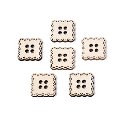 Papaye 4 Boutons carrés en bois à trous, papayawhip, 18x18x2.5mm, Trou: 2.2mm