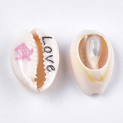 Flamingo Printed Cowrie Shell Beads, No Hole/Undrilled, Sea Turtle & Love, Flamingo, 18~23x11~14x6.5~8mm