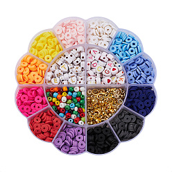 Mixed Color DIY Jewelry Making Polymer Clay Beads Kit, Including Acrylic & Round Glass Seed & ABS Plastic & CCB Plastic Beads, Disc Polymer Clay Beads, Alloy Clasps and Iron Findings, Mixed Color, Polymer Clay Beads: about 1200pcs/box