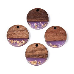 Средний Фиолетовый Подвески из непрозрачной смолы и орехового дерева, плоские круглые прелести, с блестящей пудрой и золотой фольгой, средне фиолетовый, 19x3~3.5 мм, отверстие : 2 мм