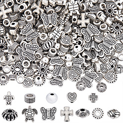 Antique Silver Tibetan Style Alloy Beads, Mixed Shapes, Antique Silver, 5~10.5x4.5~10.5x1.5~4.5mm, Hole: 1~3mm, 300pcs/set