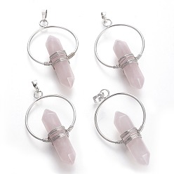 Розовый Кварц Кулоны из натурального розового кварца с двумя заостренными концами, с латунной фурнитурой , пуля, платина, 57.5~59x33.2~34x12~12.5 мм, отверстие : 7.5~8x5 мм