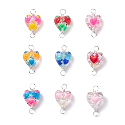 Серебро Подвески-сердечки ручной работы из стеклянной эмали, с двойной петлей из медной проволоки, разноцветные, серебряные, 24~25.5x14x8~8.5 мм, отверстие : 3.5~4 мм