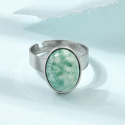 Qinghai Jade Adjustable 304 Stainless Steel Finger Rings for Women, with Natural Qinghai Jade, Oval, Stainless Steel Color, 17mm