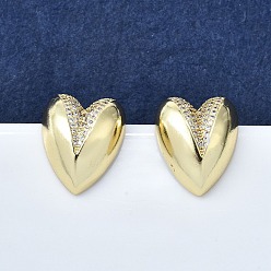 Настоящее золото 16K Женские серьги-гвоздики из латуни с микропаве и прозрачным кубическим цирконием, сердце, реальный 16 k позолоченный, 19x15.5 мм