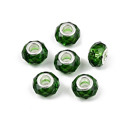 Зеленый Прозрачное стекло европейские шарики, бусины с большим отверстием, с медными сердечниками, граненые, рондель, зелёные, 13.5~14x9~9.5 мм, отверстие : 5 мм