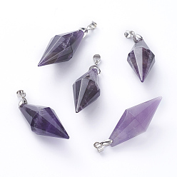 Аметист Подвески из натурального аметиста , с платиновыми тонами из латуни, граненые, двухконусные, 45~46x16~17 мм, отверстие : 4.5x4 мм