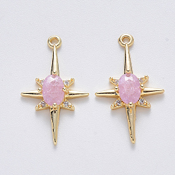 Бледно-Розовый Латунь стекло амулеты, с микро проложить кубического циркония, без никеля , звезда, реальный 18 k позолоченный, розовый жемчуг, 21.5x12.5x3.5 мм, отверстие : 1.2 мм
