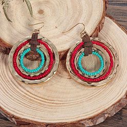 Темно-бирюзовый Плоские круглые серьги из сплава стеклянных бусин, с искусственной кожей, золотые, темные бирюзовый, 65x45 мм