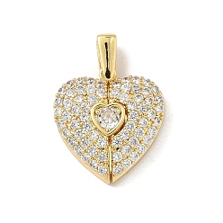 Настоящее золото 18K Латунные микро проложить кубического циркония подвески, открывающиеся подвески-сердечки, реальный 18 k позолоченный, 25x18x5 мм, отверстие : 4.5x2 мм