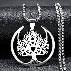 Нержавеющая Сталь Цвет Дерево жизни 201 ожерелья из нержавеющей стали с подвеской в виде полумесяца из дерева жизни для женщин, не тускнеет, цвет нержавеющей стали, 19.29 дюйм (49 см)
