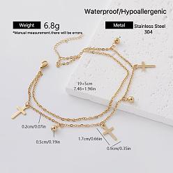 Cross Summer Beach 304 Stainless Steel Religion Charm Anklets for Women, Golden, Cross, 7-1/2 inch(190mm)