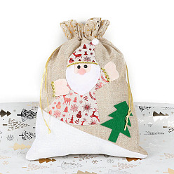 Linen Christmas Jute Printed Drawstring Bags, Rectangle Candy Storage Supplies, Linen, 40x30cm