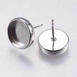 Платина Латунь настройки серьга, плоско-круглые, платина, лоток : 10 мм, 15x11.6 мм, штифт: 0.8 мм
