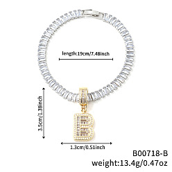 Letter B Модные латунные браслеты с подвесками из прозрачных кубических цирконий с микропаве, теннисные браслеты со стразами для женщин, буквы, В письме, 7-1/2 дюйм (19 см)