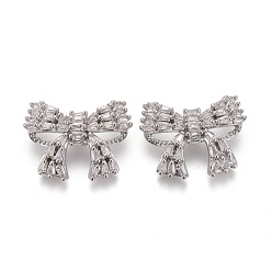 Платина Пуговицы на хвостовике из латуни с микропейвом и прозрачным кубическим цирконием, бантом, платина, 15x20x6.5 мм, отверстие : 1.4 мм