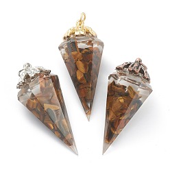 Tiger Eye Resin Pointed Pendants, with Natural Tiger Eye Inside and Brass Findings, Faceted, Cone/Spike/Pendulum, 43.5x17x19.5mm, Jump Ring: 6x1mm, 4mm Inner Diameter