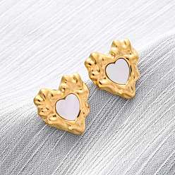 Настоящее золото 18K 304 серьги-гвоздики из натуральной белой ракушки из нержавеющей стали, сердце прелести, ионное покрытие (ip), реальный 18 k позолоченный, 18.5x18 мм