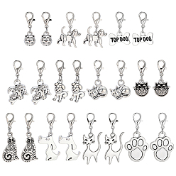 Античное Серебро 55 шт. 11 стили тибетский стиль сплав подвеска в виде котенка собачки украшения, Сплав с застежками когтя омара, античное серебро, 24~36.5 мм, 5 шт / стиль
