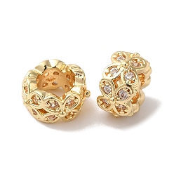 Настоящее золото 14K Долговечные бусины из латуни с микропаве и прозрачным фианитом, цветок, большое отверстие шарик, реальный 14 k позолоченный, 7.9x4.3 мм, отверстие : 4.1 мм