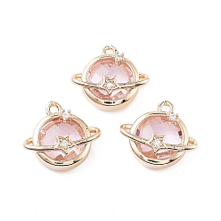 Pink Латунные микро проложить кубического циркония подвески, со стеклом, планета со звездой, розовые, 15x16.5x6 мм, отверстие : 1.5 мм
