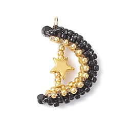 Черный Стеклянные подвески из бисера, звезды и луна, с 304 кольцами из нержавеющей стали и стеклом, граненые, чёрные, 27x17.5x5 мм, отверстие : 3 мм