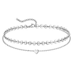 Нержавеющая Сталь Цвет Летний пляж 201 двухслойные браслеты на ногу из нержавеющей стали с блестками и сердечками для женщин, цвет нержавеющей стали, 9-7/8 дюйм (250 мм)