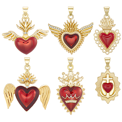 Настоящее золото 18K 6шт 6 стили латунные эмалевые подвески, чары священного сердца, реальный 18 k позолоченный, 24.5~33x16~30x3~5.5 мм, отверстие : 3.5~5.5 мм, 1 шт / стиль