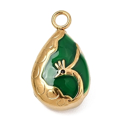 Dark Green 304 Stainless Steel Enamel Pendants, Teardrop with Peacock Charms, Golden, Dark Green, 25.5x14.5x9mm, Hole: 3mm