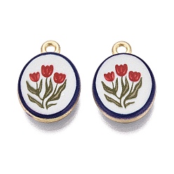FireBrick Valentine's Day Printed Alloy Pendants, Rack Plating, Oval & Flower Charms, Cadmium Free & Nickel Free & Lead Free, Golden, FireBrick, 20x13.5x4mm, Hole: 1.8mm
