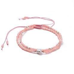Pale Violet Red Braided Beaded Bracelets, with Glass Seed Beads, Pearl Bead and Burlap Bags, Pale Violet Red, 2-1/8 inch(5.5cm), 2pcs/set