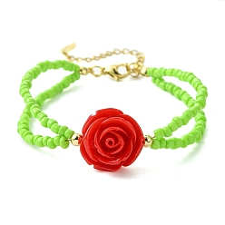 Зеленый газон Многорядные браслеты из стеклянных бусин, браслеты с розами из красной смолы, зеленый газон, 7-1/4 дюйм (18.5 см)